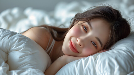 Obraz na płótnie Canvas Smiling young asian woman lying in the bed before sleeping.