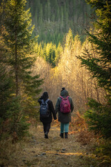 Two women going through forest in the mountains