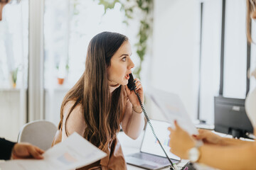 Focused young woman in office setting talking on phone while holding document, teamwork and communication concept