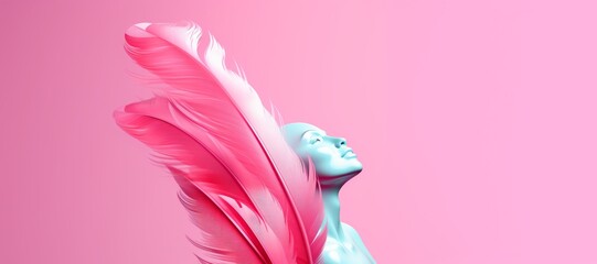 Blue mannequin with big pink wings made of feathers on it's back. Pastel background with copy space