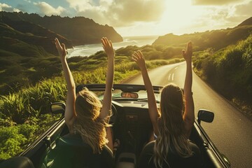 Road trip travel - girls driving car in freedom. Happy young girls cheering in convertible car on summer Hawaii vacations - obrazy, fototapety, plakaty