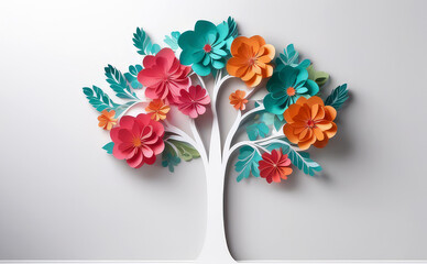 Colorful 3D origami paper tree with vibrant leaves and flowers on a white background for design and interior art decor. Banner with copy space.Generative AI 