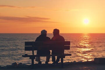 Fototapeta na wymiar Senior couple sitting on a bench overlooking the sea. Enjoying the sunset on a warm holiday destination. Concept of traveling in a mature age. Shallow field of view
