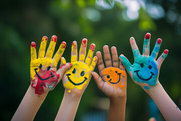 Smiley faces painted on hands of children against sea. Child hands painted with paints on the sea. On the hands of the child, multi-colored palms.
