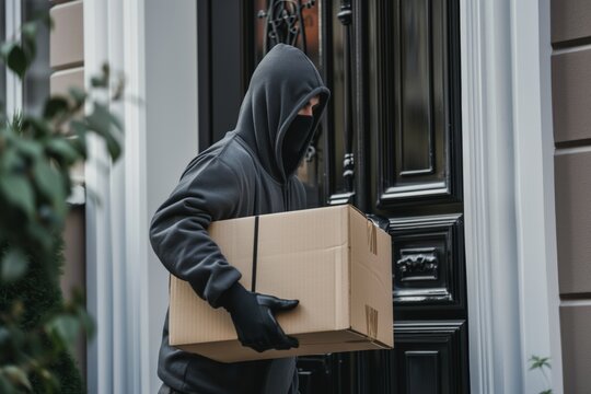 "Porch Pirate" Man with hoodie stealing a package at the doorstep - AI Generated