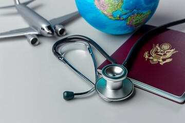 Stethoscope , passport document, airplane and globe. Healthcare and travel insurance concept