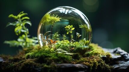 Crystal ball in forest, nature background. Earth day concept. Created with Generative AI