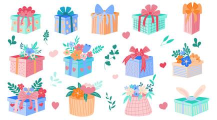 Collection of cute gifts for spring holidays Valentine's day, Easter decorated with flowers, leaves and bows, illustrations in a flat Hand -drawn cartoon style.