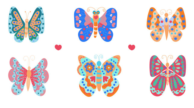 Set of Cute Bright butterflies painted hand drawn in a flat style