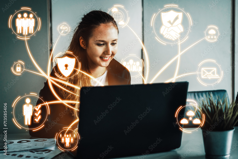 Poster cyber security and digital data protection concept. icon interface showing secure firewall technolog