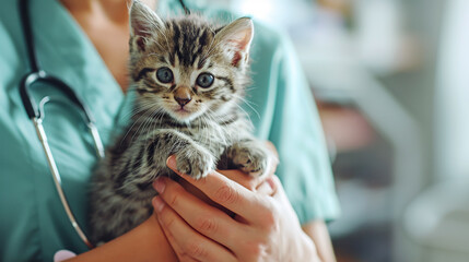 vet doctor examining a kitten with stethoscope in veterinary clinic.