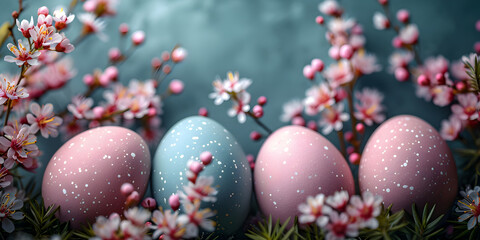 Fototapeta na wymiar Easter flat lay banner with colorful eggs and spring sakura flowers on blue background. Easter holiday concept with traditional elegant springtime decoration and copy space.