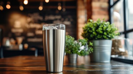 Stainless steel tumbler showcased on a wooden table for promotional purposes, offering a blank area for personalization.
