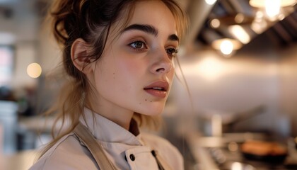 Close up profile portrait of beautiful young brunette woman in beige shef clothes with perfect skin in a light restaurant kitchen in profile
