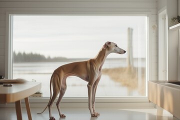 beige galgo or whippet at minimal scandinavian home interior of apartment. Hunting dog breed.