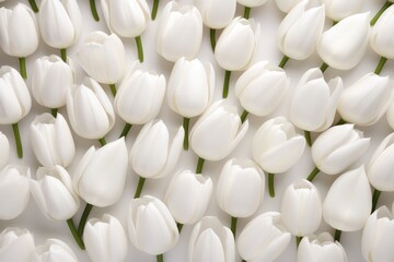 white blossoms of tulip flowers on white background pattern. Floral backdrop. Spring season banner.