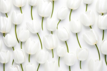 white blossoms of tulip flowers on white background pattern. Floral backdrop. Spring season banner. - obrazy, fototapety, plakaty