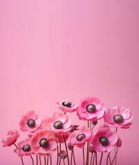 Fototapeta na wymiar pink anemones paper flowers minimal decoration vertical backdrop with copy space top. Beauty salon, hobby, art studio invitation or flyer template mockup.
