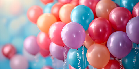 Fototapeta na wymiar Celebration banner background with colorful balloons. Birthday, wedding, party or anniversary concept with copy space.