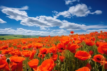 red poppy flower  field on sunny day with blue sky. Spring or summer meadow landscape.