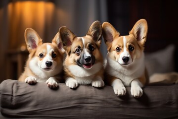 three cute corgi puppies at home closeup portrait. Dog breeder controversial business social issue. Puppy seller. - obrazy, fototapety, plakaty