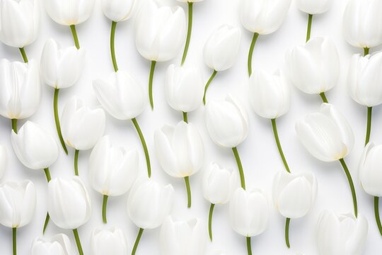 white blossoms of tulip flowers on white background pattern. Floral backdrop. Spring season banner.