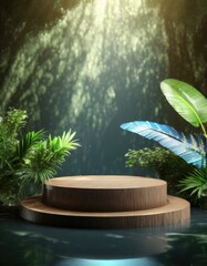 Wooden product display podium for cosmetic product with green nature garden background, 3d rendering