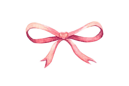 Watercolor pink thin gift bow in cartoon style. Valentines day, love and romance concept. Hand drawn illustration element isolated on transparent background for design, postcards, invitations.