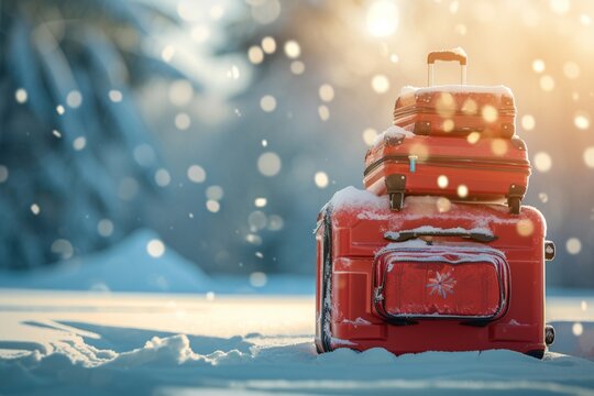 Travel Concept. Suitcases, Luggage, In Winter Lanscape. Time For Vacation In The Ski Slopes. Blurred Bokeh Background With Copy Space.