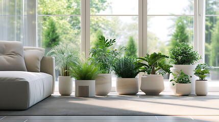Uma sala de estar serena com uma grande janela ensolarada serve de pano de fundo para uma coleção de arranjos de plantas minimalistas