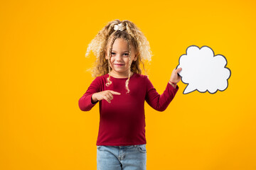 Child girl Holding Dream Bubble Card.Kid Holding Dream Cloud.