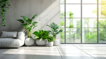 Fototapeta na wymiar Uma sala de estar serena com uma grande janela ensolarada serve de pano de fundo para uma coleção de arranjos de plantas minimalistas