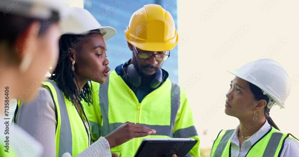 Poster engineering team, tablet and meeting for planning, strategy or project for construction, design or a