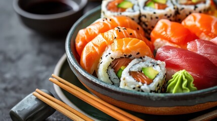 Explore the world of sushi in a captivating photo, highlighting this delicious and healthy traditional Japanese dish with an array of toppings and variations.
