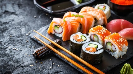 Sushi, a delicious and healthy traditional Japanese dish, is showcased in a stunning photo adorned with a variety of toppings and variations