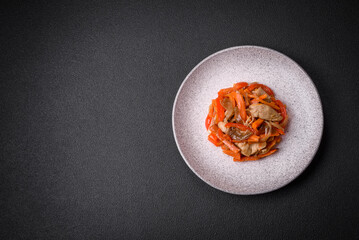 Delicious fresh stew with chicken or turkey with slices of sweet pepper and carrots