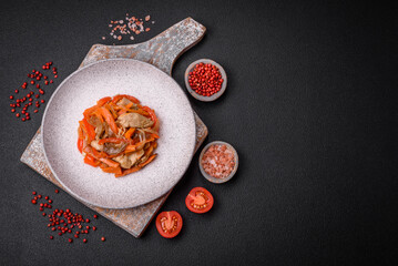 Delicious fresh stew with chicken or turkey with slices of sweet pepper and carrots