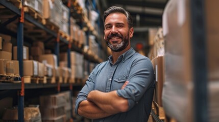 Close-up American confident happy older 30s male retail seller, entrepreneur, clothing store small business owner, supervisor looking at camera standing arms crossed in delivery shipping warehouse  - obrazy, fototapety, plakaty