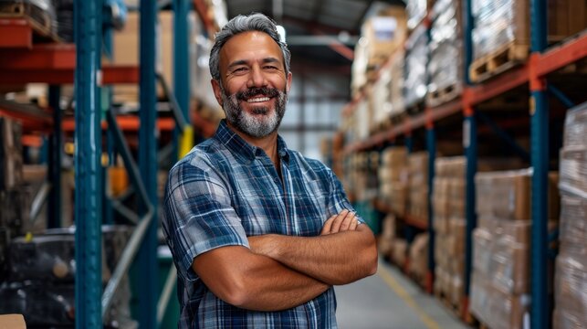 Close-up American confident happy older 30s male retail seller, entrepreneur, clothing store small business owner, supervisor looking at camera standing arms crossed in delivery shipping warehouse 