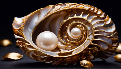 Beautiful shell with pearls on a dark background jewelry