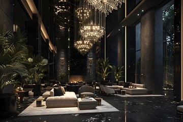 The lobby has a large interior with sofas and hanging lamps, black and white mastery style