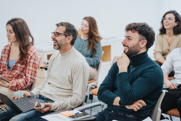 A multi generational, group of adult students with positive expressions engaged in a learning activity during a workshop, displaying attentiveness and interaction in a modern classroom setting.