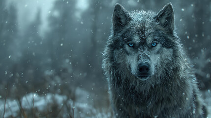 Grey wolf with blue eyes dark fur stands in a snowy forest in Siberian snowy background