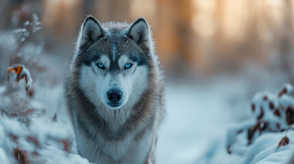 Grey wolf with blue eyes dark fur stands in a snowy forest in Siberian snowy background