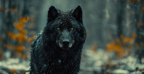 Black wolf with orange eyes dark fur stands in a snowy forest in Siberian snowy background