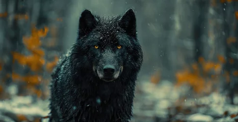 Deurstickers Black wolf with orange eyes dark fur stands in a snowy forest in Siberian snowy background © angelmaxmixam