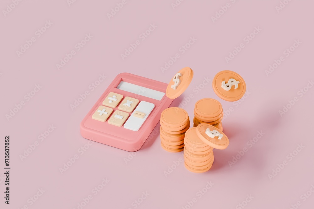 Poster 3d calculator and coins stack on float icon. minimal cartoon style. cost reduction saving education 