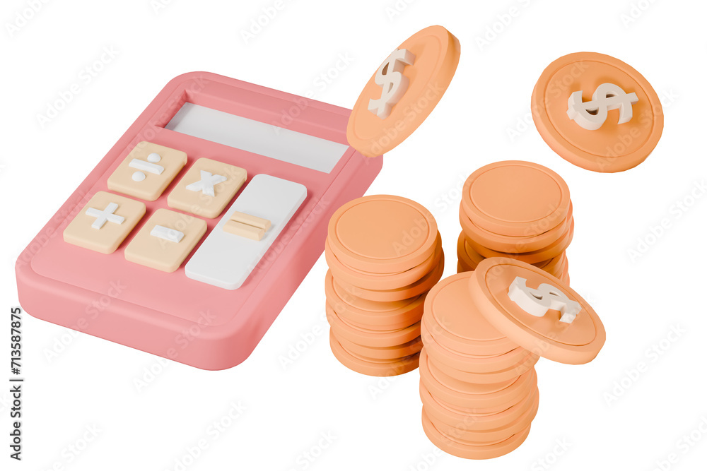 Poster 3d calculator and coins stack on float icon. minimal cartoon style. cost reduction saving education 
