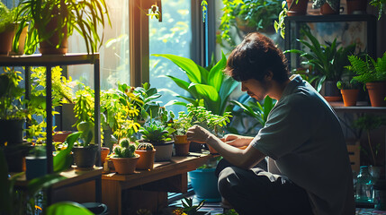 Uma cena serena se desdobra em um apartamento urbano moderno onde a luz suave do sol se insinua suavemente pelas janelas iluminando uma variedade de plantas verdes exuberantes - obrazy, fototapety, plakaty