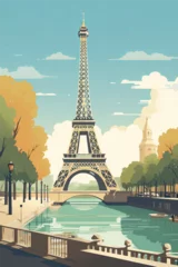 Gordijnen A vintage retro style travel poster for Paris, France with the famous Eiffel tower and River Seine © ink drop